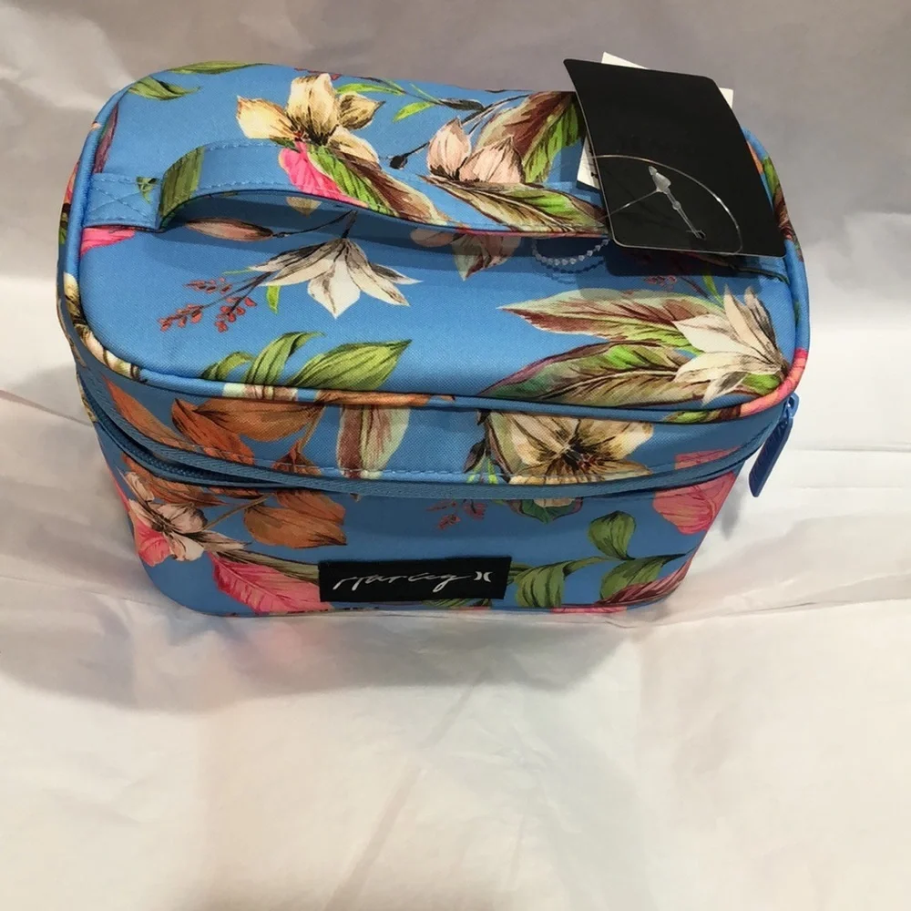 Hurley blue floral tropical island print makeup cosmetics bag case‎ new